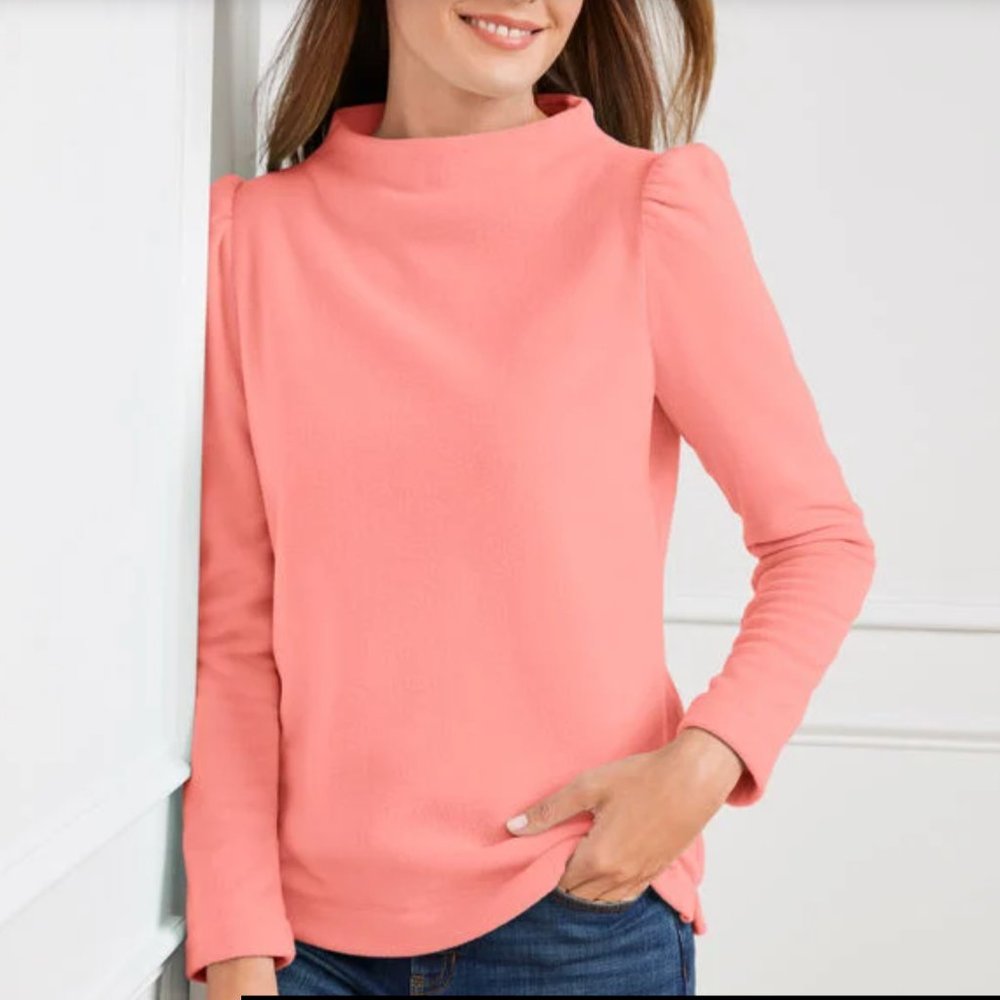 Talbots Fleece Funnel Neck Pullover - Solid coral pink